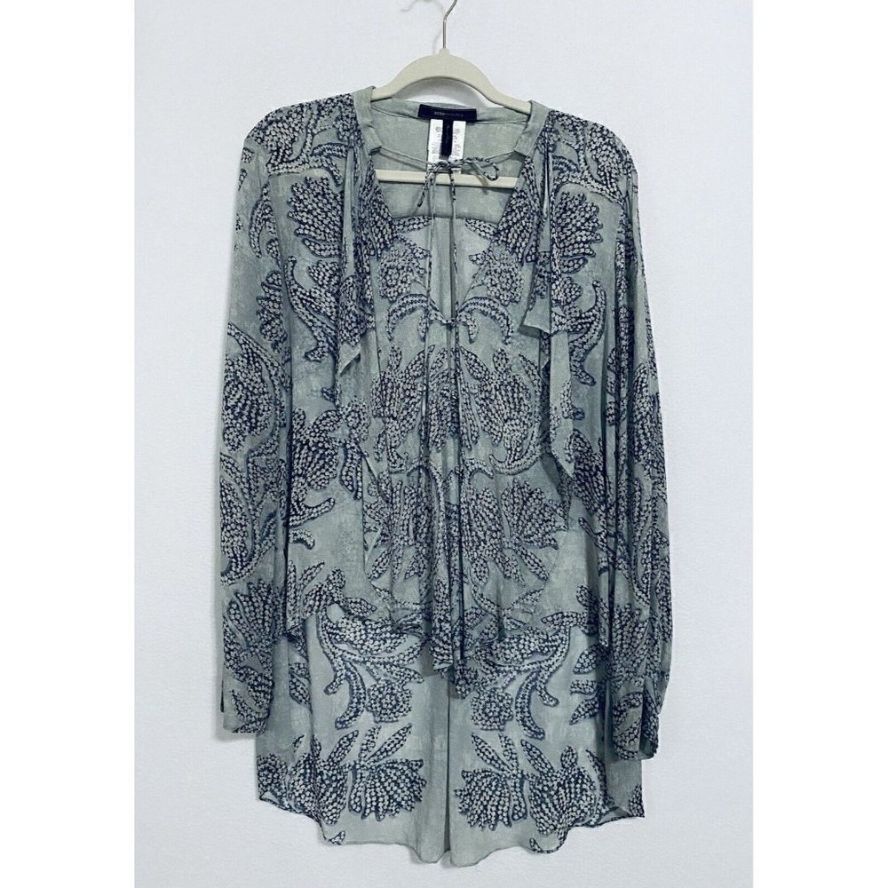 BCBGMAXAZRIA Blouse Womens Large Floral Print Long Sleeve Silk Hi Low Hem Blue